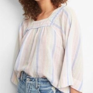 Gap Linen Square-Neck Top Womens Small White 3/4 Sleeve Beachy Flowy Stripe‎